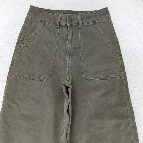 American Eagle Wide Leg Crop Jeans Military Green Stretch Women's 00 Raw Utility - Picture 3 of 8
